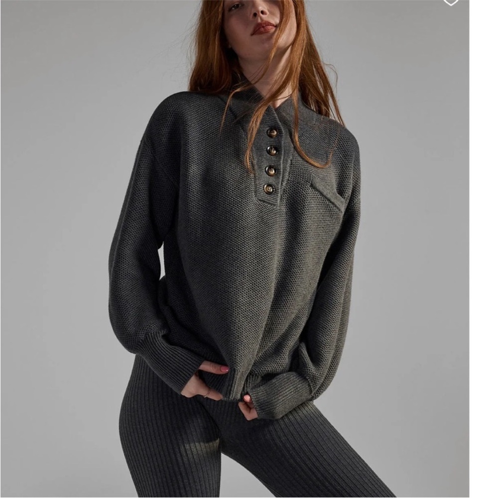Lunya Cozy Cotton Silk Pocket Henley in Grey Heather Oversized XS